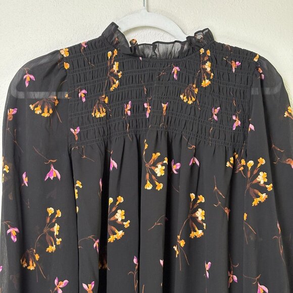 Madewell Georgette Ruffle Collar Smocked Top Size S Black Floral Sheer Sleeves - Picture 2 of 11